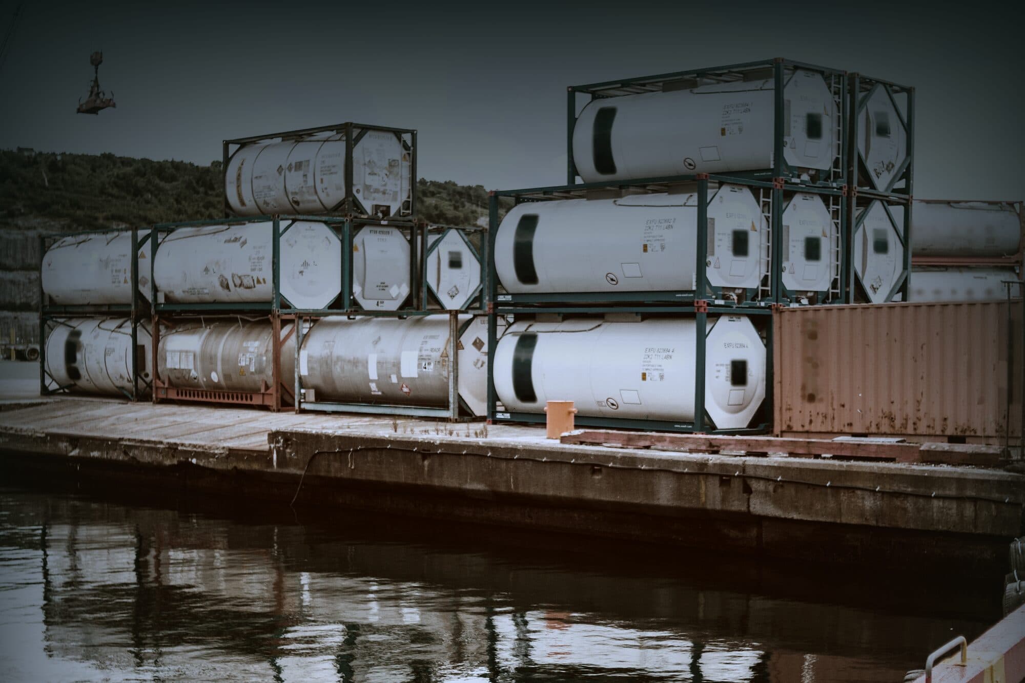 ISO tank containers stacked on a quay